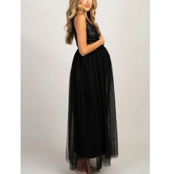 PinkBlush tulle maternity gown maxi dress Sparkle Black Medium Picture Baby Bump - Picture 2 of 10